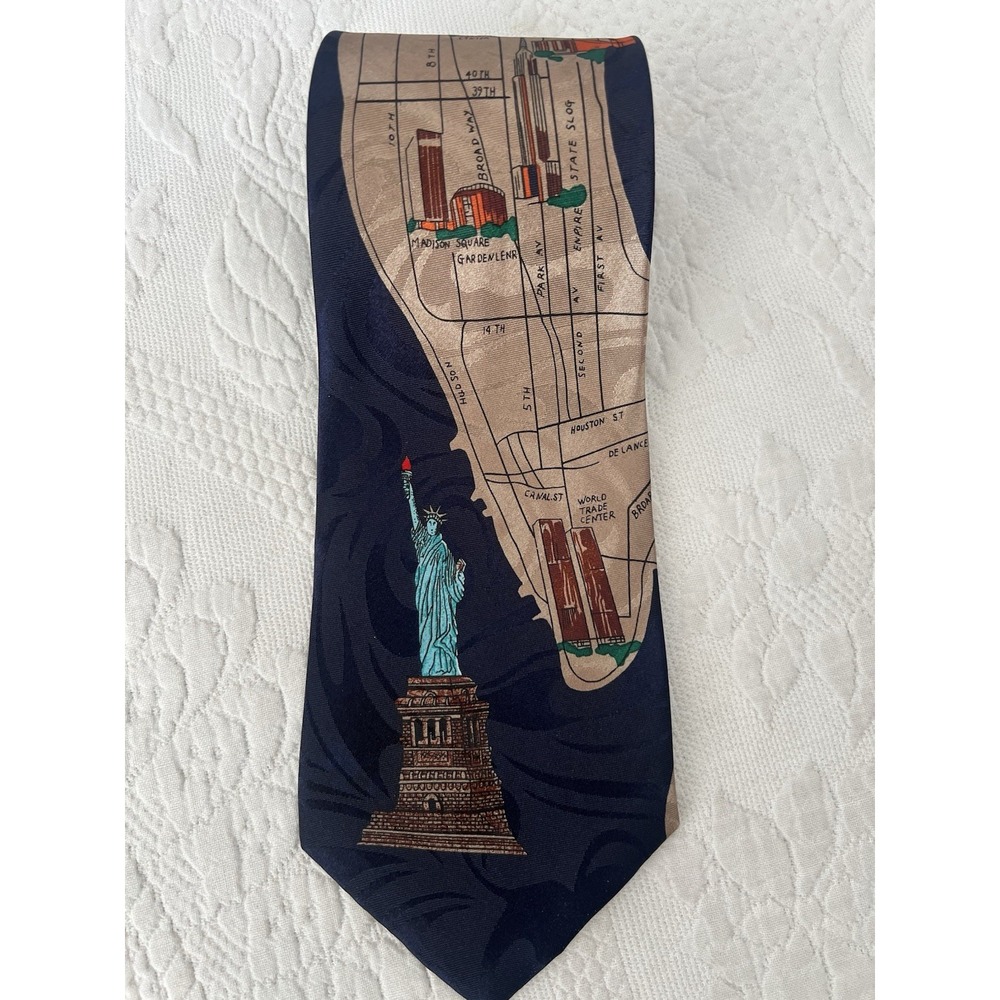 Vintage Silk New York City Tie NYC Map Necktie Twin Towers Fratello Central Park